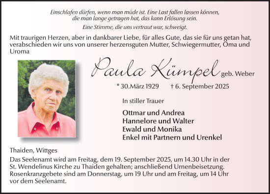 Traueranzeige von Paula Kümpel von FZ