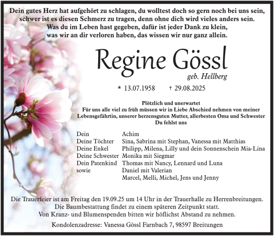 Traueranzeige von Regine Gössl von FZ