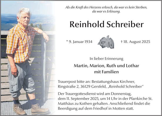 Traueranzeige von Reinhold Schreiber von FZ