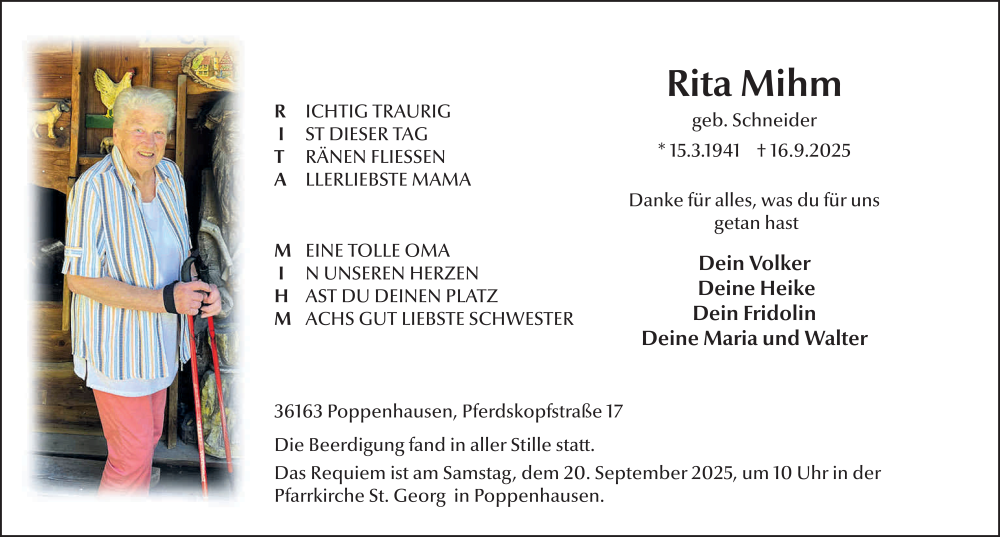  Traueranzeige für Rita Mihm vom 18.09.2025 aus FZ