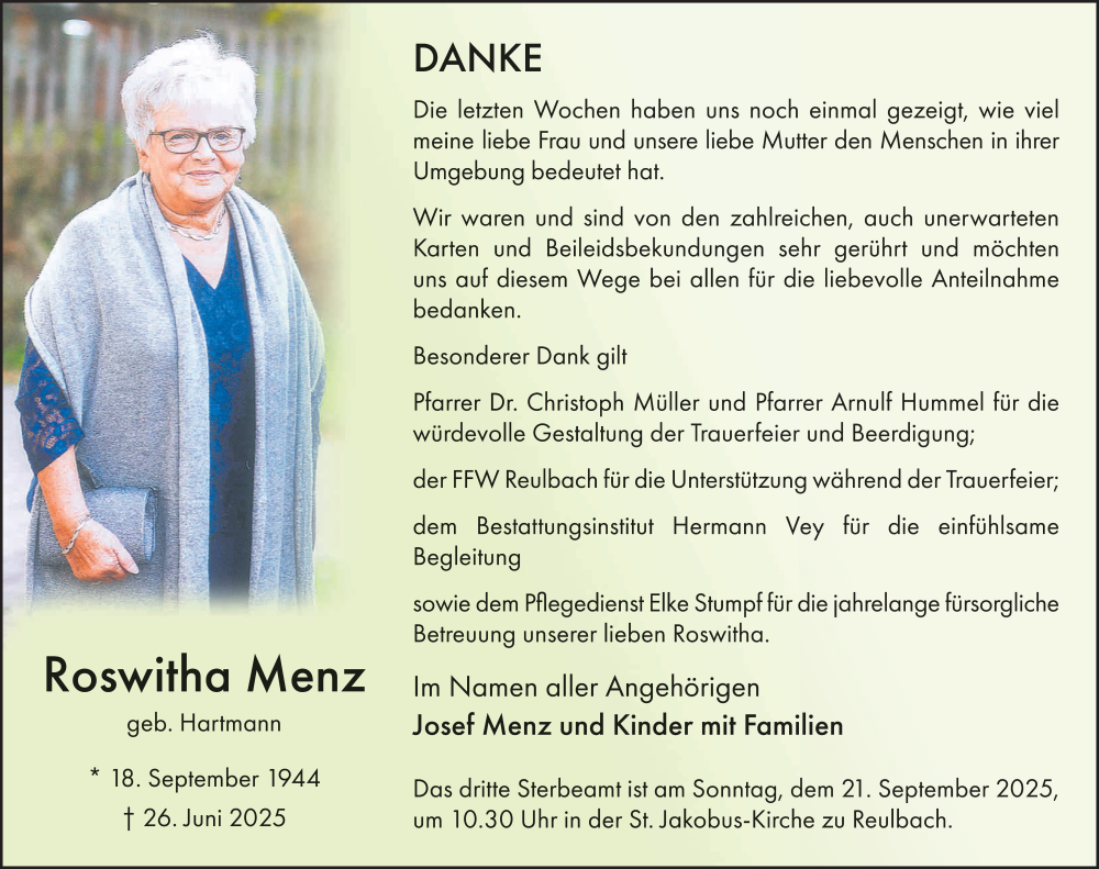  Traueranzeige für Roswitha Menz vom 13.09.2025 aus FZ