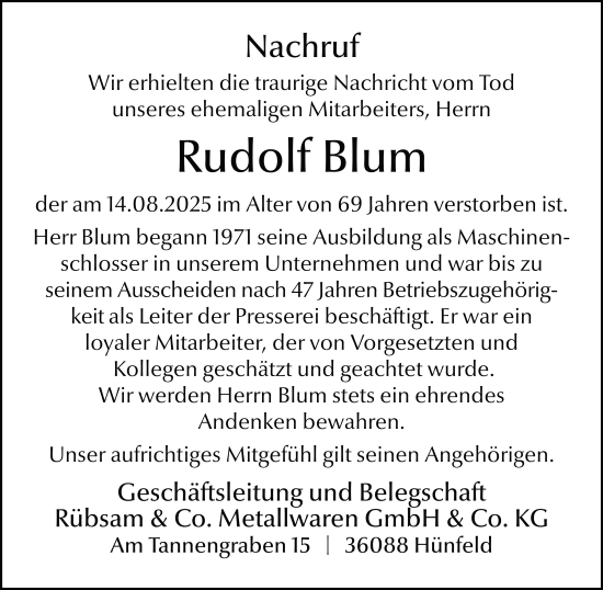 Traueranzeige von Rudi Blum von FZ