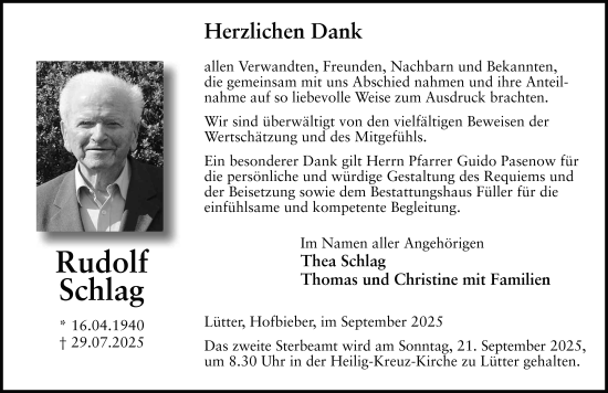 Traueranzeige von Rudolf Schlag von FZ