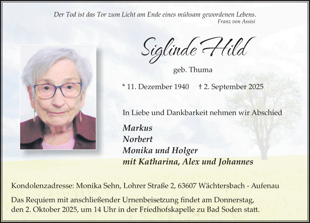  Traueranzeige für Siglinde Hild vom 13.09.2025 aus FZ