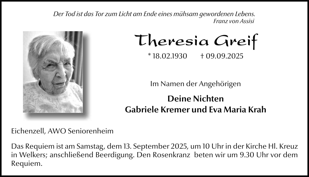  Traueranzeige für Theresia Greif vom 12.09.2025 aus FZ