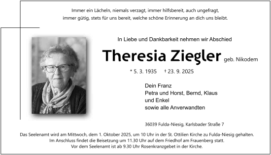 Traueranzeige von Theresia Ziegler von FZ