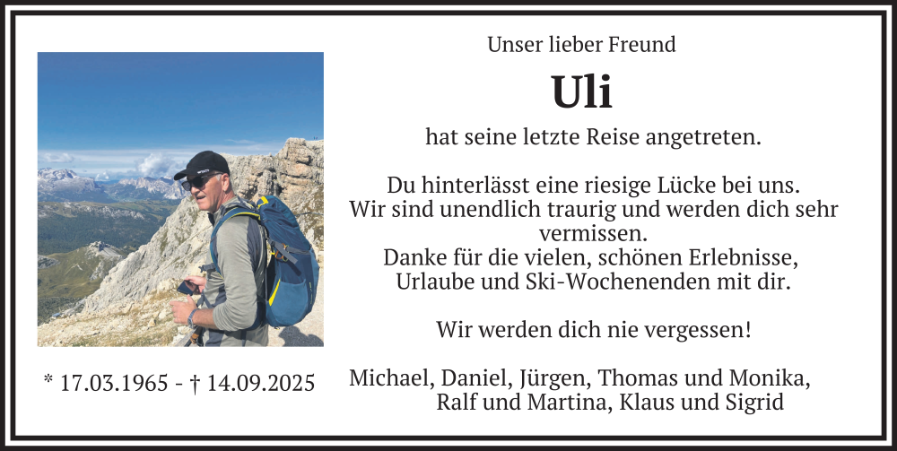  Traueranzeige für Uli Quell vom 27.09.2025 aus FZ