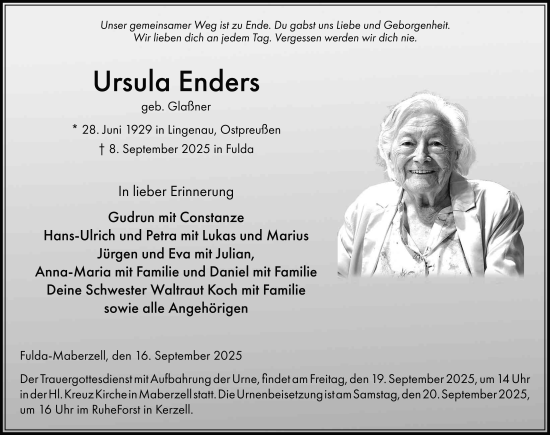 Traueranzeige von Ursula Enders von FZ