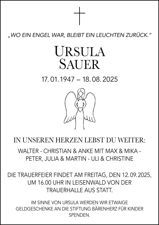 Traueranzeige von Ursula Sauer von FZ