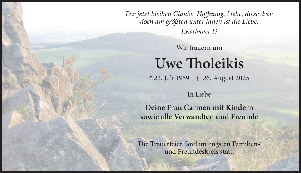  Traueranzeige für Uwe Tholeikis vom 01.09.2025 aus FZ