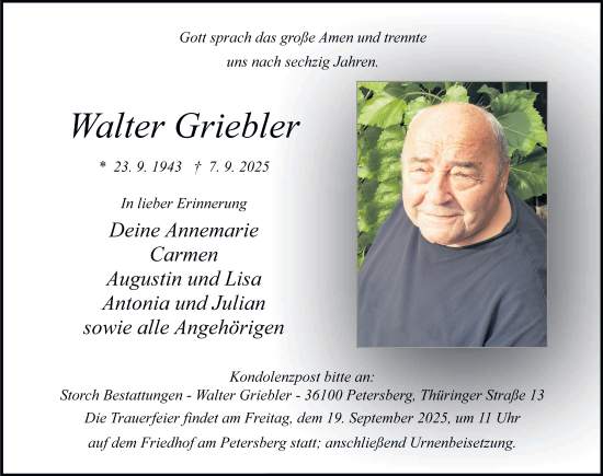 Traueranzeige von Walter Griebler von FZ