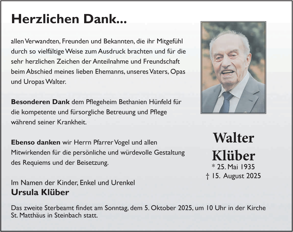  Traueranzeige für Walter Klüber vom 26.09.2025 aus FZ