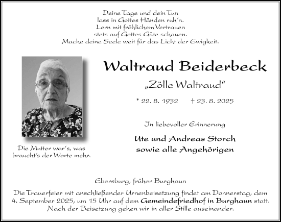 Traueranzeige von Waltraud Beiderbeck von FZ