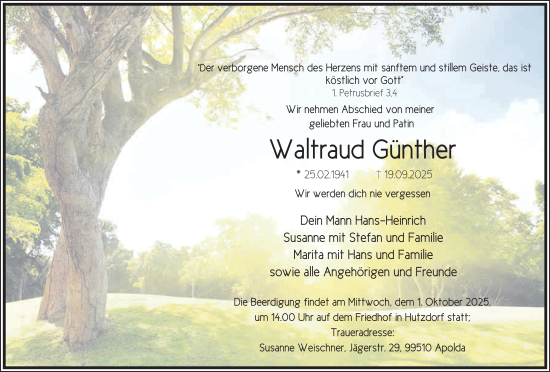 Traueranzeige von Waltraud Günther von FZ