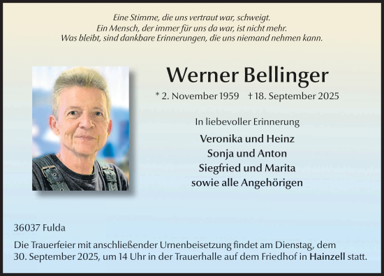 Traueranzeige von Werner Bellinger von FZ