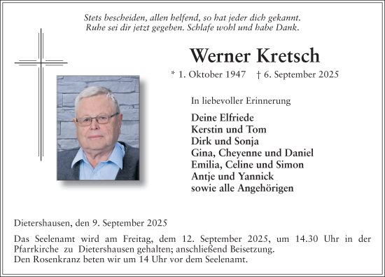 Traueranzeige von Werner Kretsch von FZ