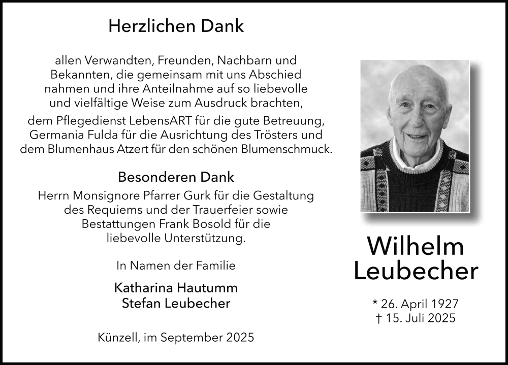  Traueranzeige für Wilhelm Leubecher vom 06.09.2025 aus FZ