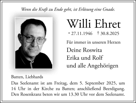 Traueranzeige von Willi Ehret von FZ