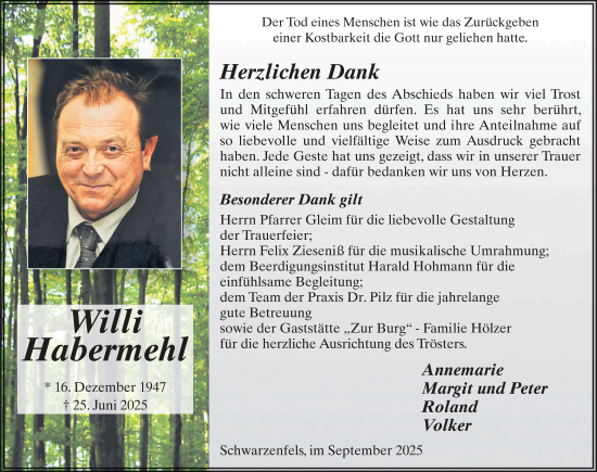 Traueranzeige von Willi Habermehl von FZ