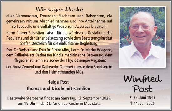 Traueranzeige von Winfried Post von FZ