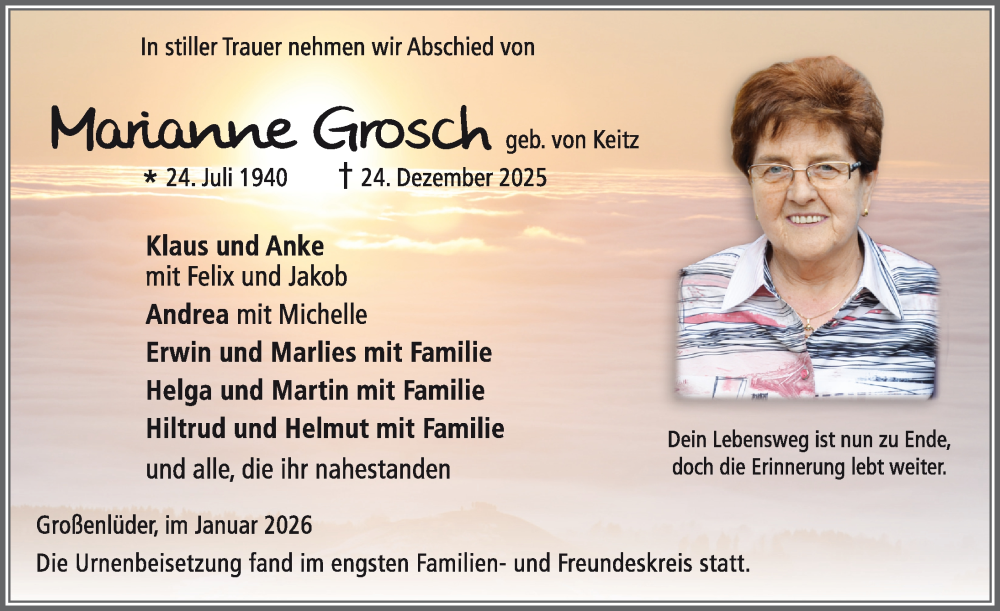  Traueranzeige für Marianne Grosch vom 08.01.2026 aus FZ