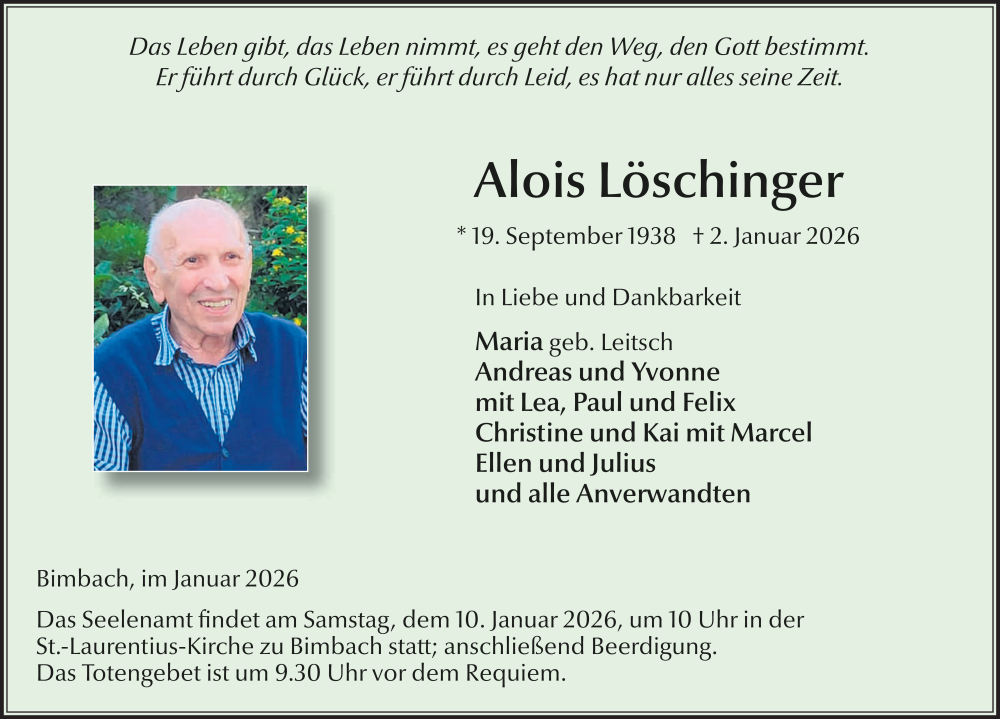  Traueranzeige für Alois Löschinger vom 07.01.2026 aus FZ