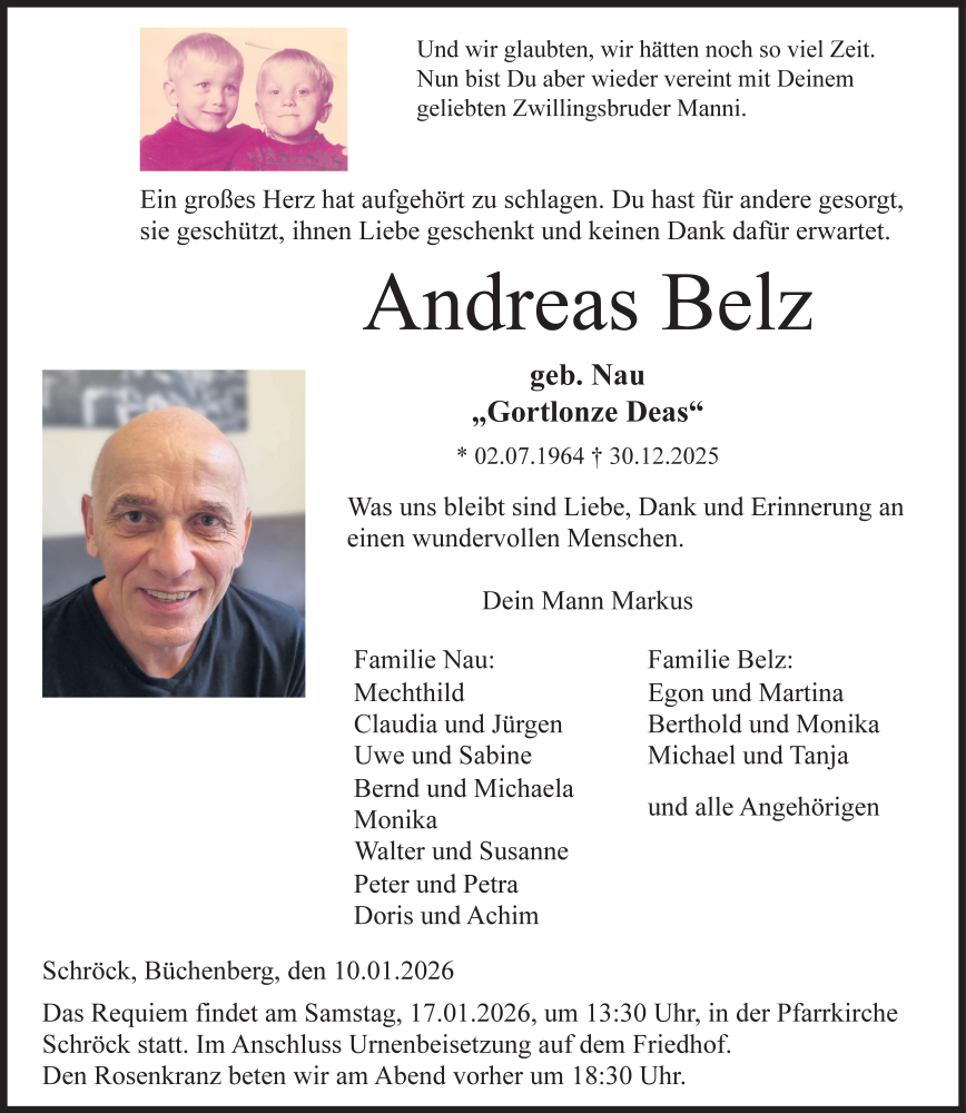  Traueranzeige für Andreas Belz vom 10.01.2026 aus FZ