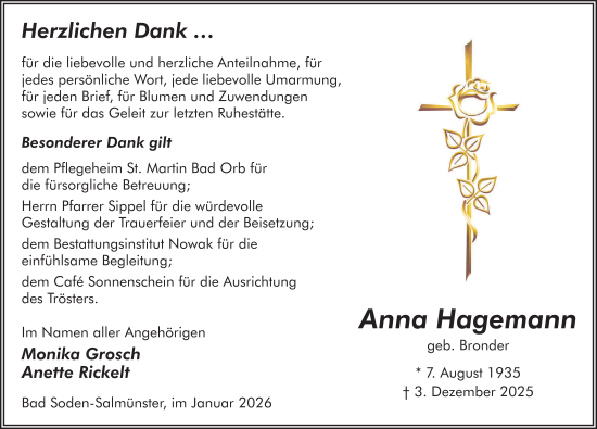 Traueranzeige von Anna Hagemann von FZ