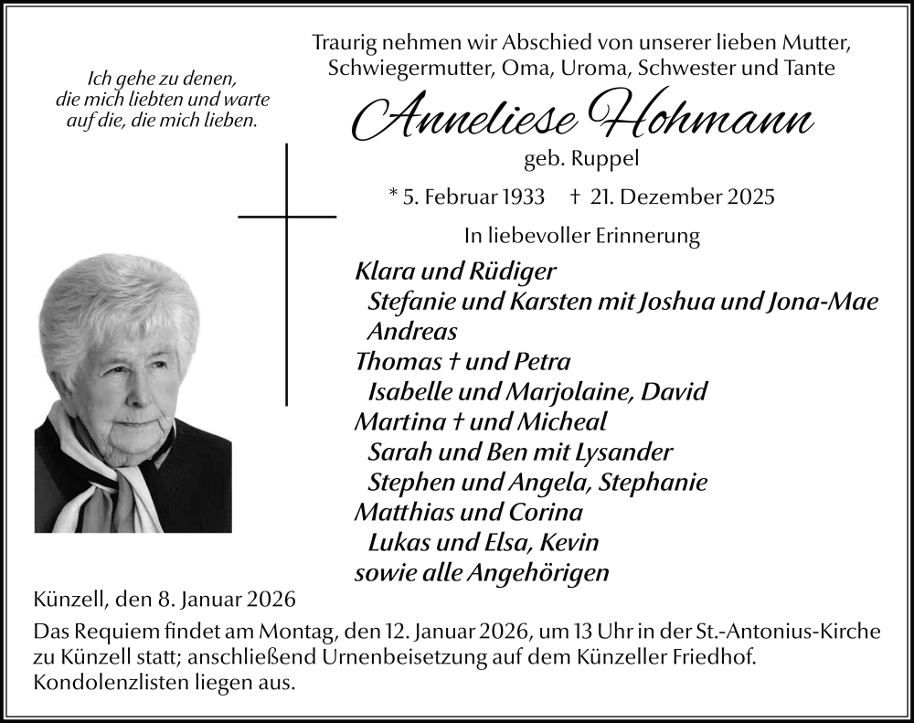  Traueranzeige für Anneliese Hohmann vom 08.01.2026 aus FZ