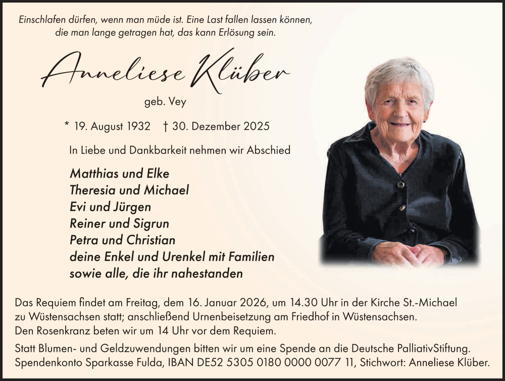  Traueranzeige für Anneliese Klüber vom 10.01.2026 aus FZ