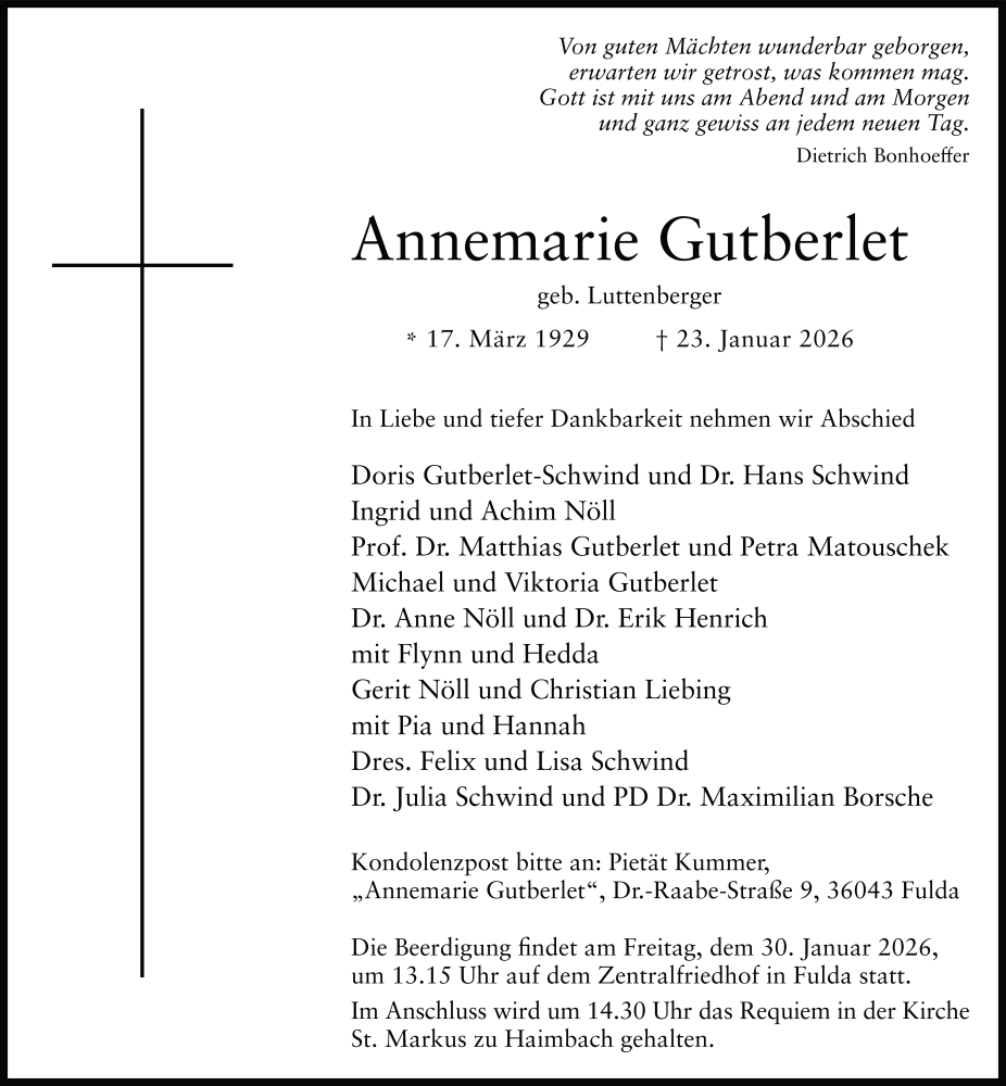  Traueranzeige für Annemarie Gutberlet vom 27.01.2026 aus FZ