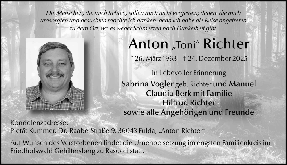  Traueranzeige für Anton Richter vom 10.01.2026 aus FZ