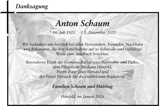 Traueranzeige von Anton Schaum von FZ