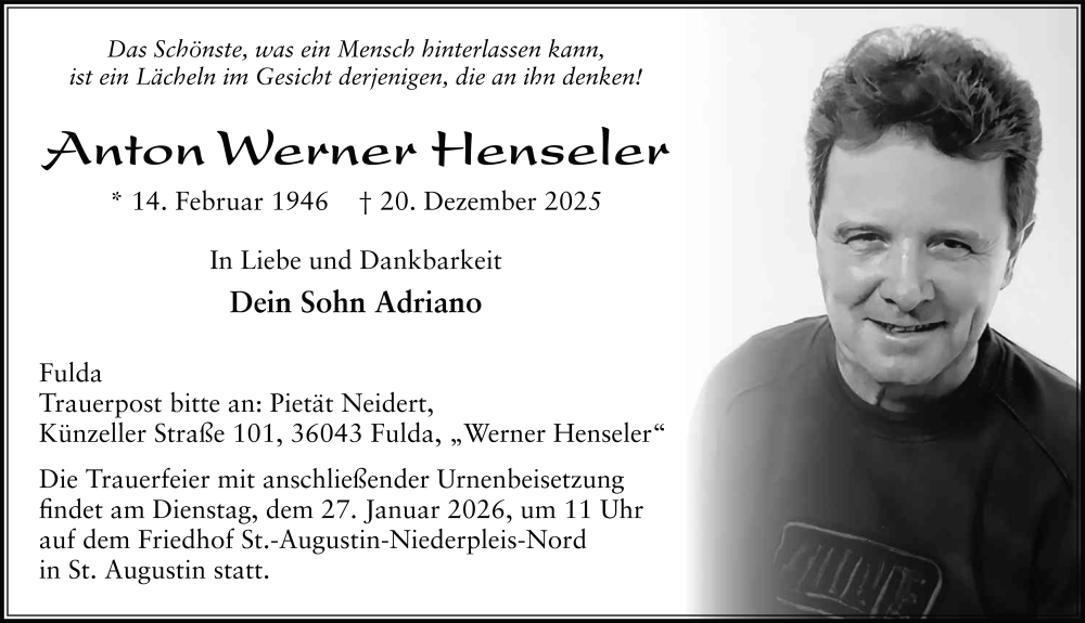 Traueranzeige für Anton Werner Henseler vom 17.01.2026 aus FZ
