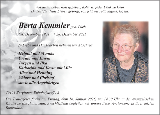 Traueranzeige von Berta Kemmler von FZ