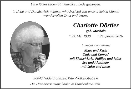 Traueranzeige von Charlotte Dörfler von FZ