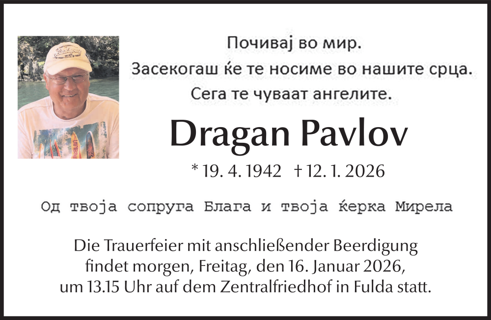  Traueranzeige für Dragan Pavlov vom 15.01.2026 aus FZ