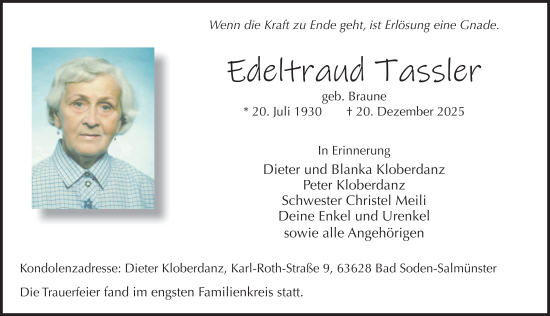 Traueranzeige von Edeltraud Tassler von FZ