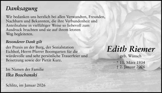 Traueranzeige von Edith Riemer von FZ