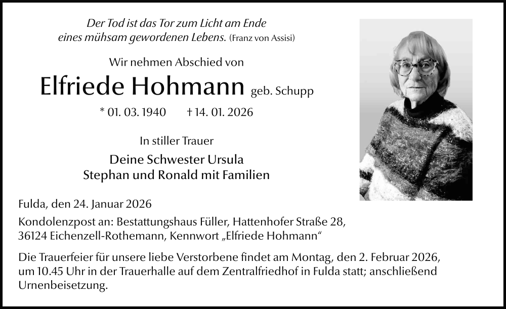  Traueranzeige für Elfriede Hohmann vom 24.01.2026 aus FZ