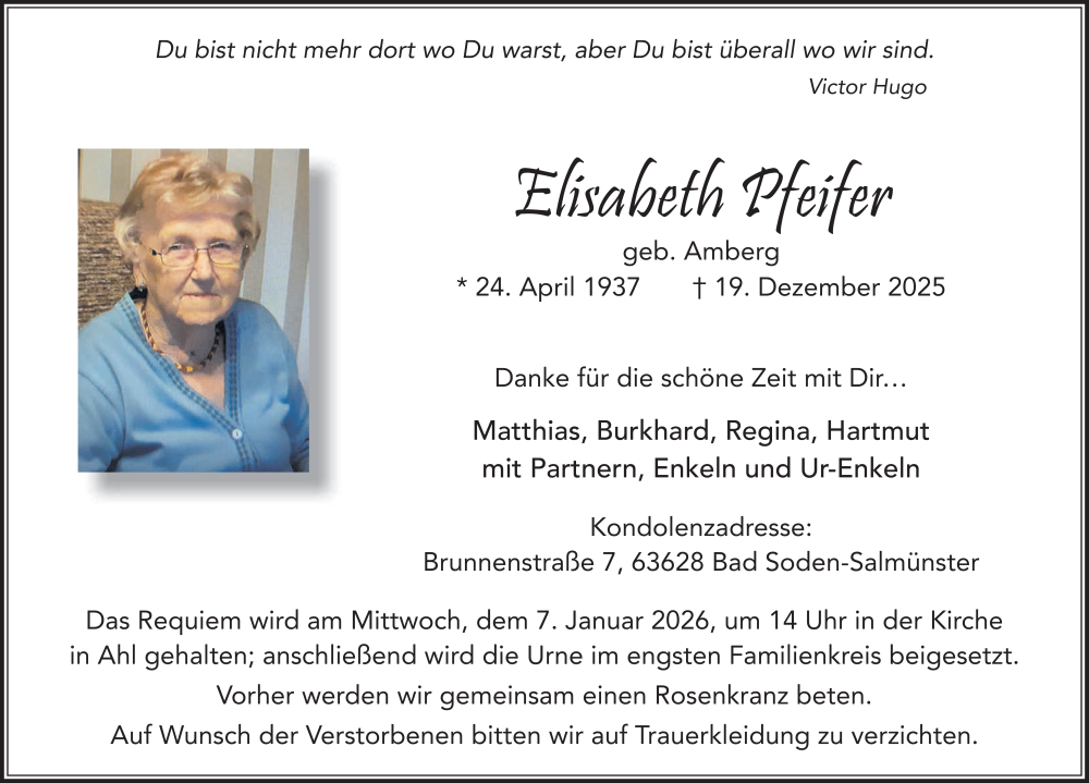  Traueranzeige für Elisabeth Pfeifer vom 03.01.2026 aus FZ