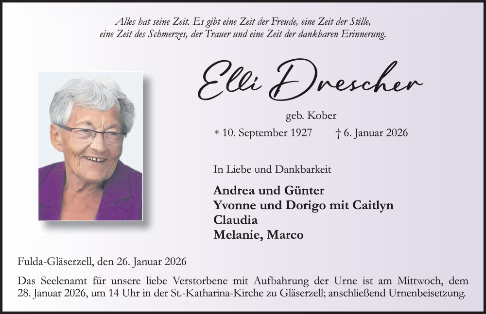  Traueranzeige für Elli Drescher vom 26.01.2026 aus FZ