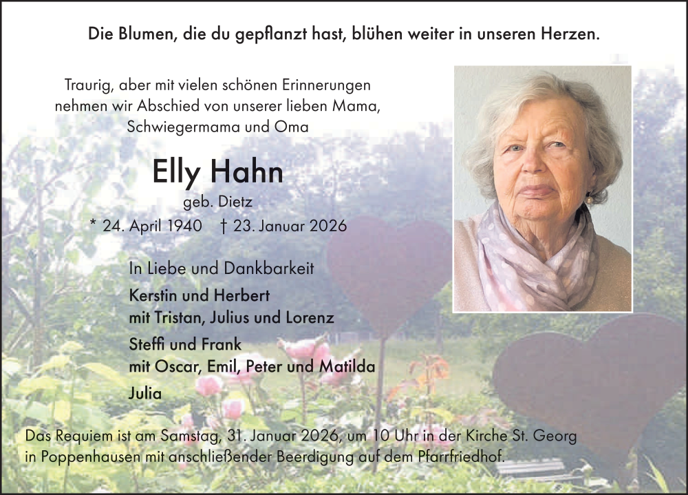  Traueranzeige für Elly Hahn vom 28.01.2026 aus FZ