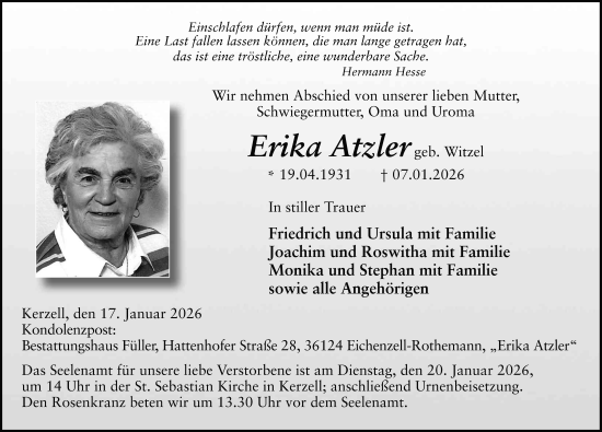 Traueranzeige von Erika Atzler von FZ