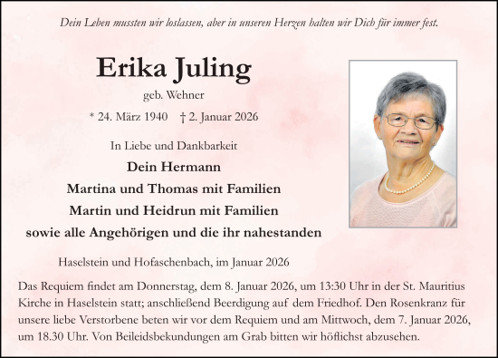 Traueranzeige von Erika Juling von FZ