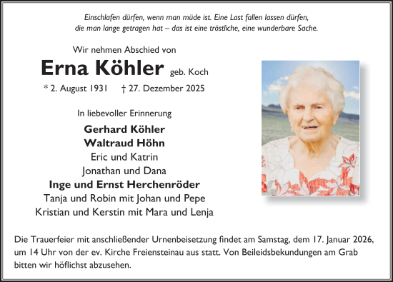 Traueranzeige von Erna Köhler von FZ