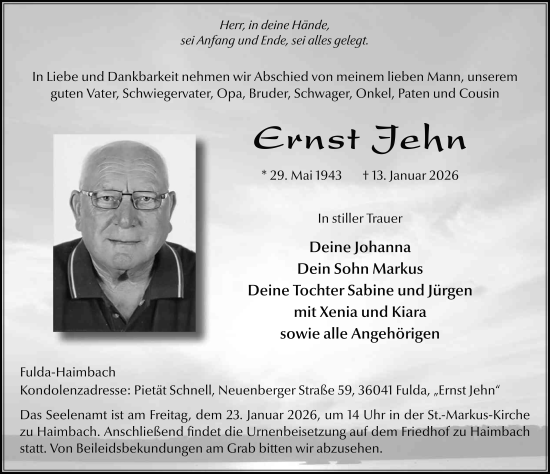 Traueranzeige von Ernst Jehn von FZ