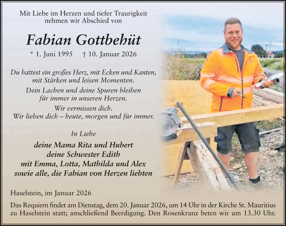  Traueranzeige für Fabian Gottbehüt vom 17.01.2026 aus FZ