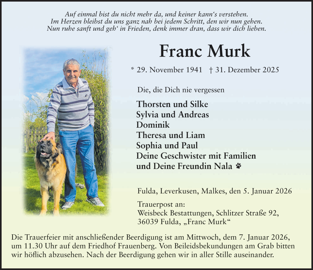  Traueranzeige für Franc Murk vom 05.01.2026 aus FZ