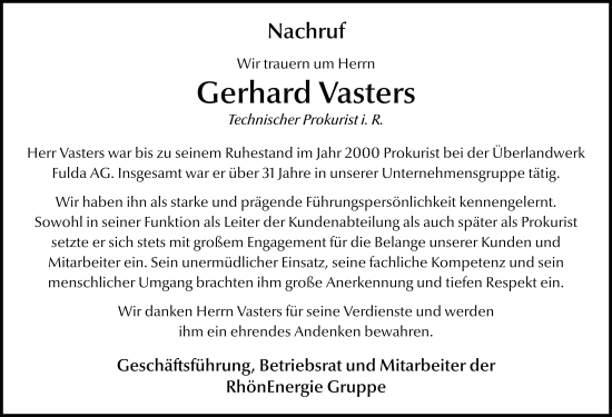 Traueranzeige von Gerhard Vasters von FZ